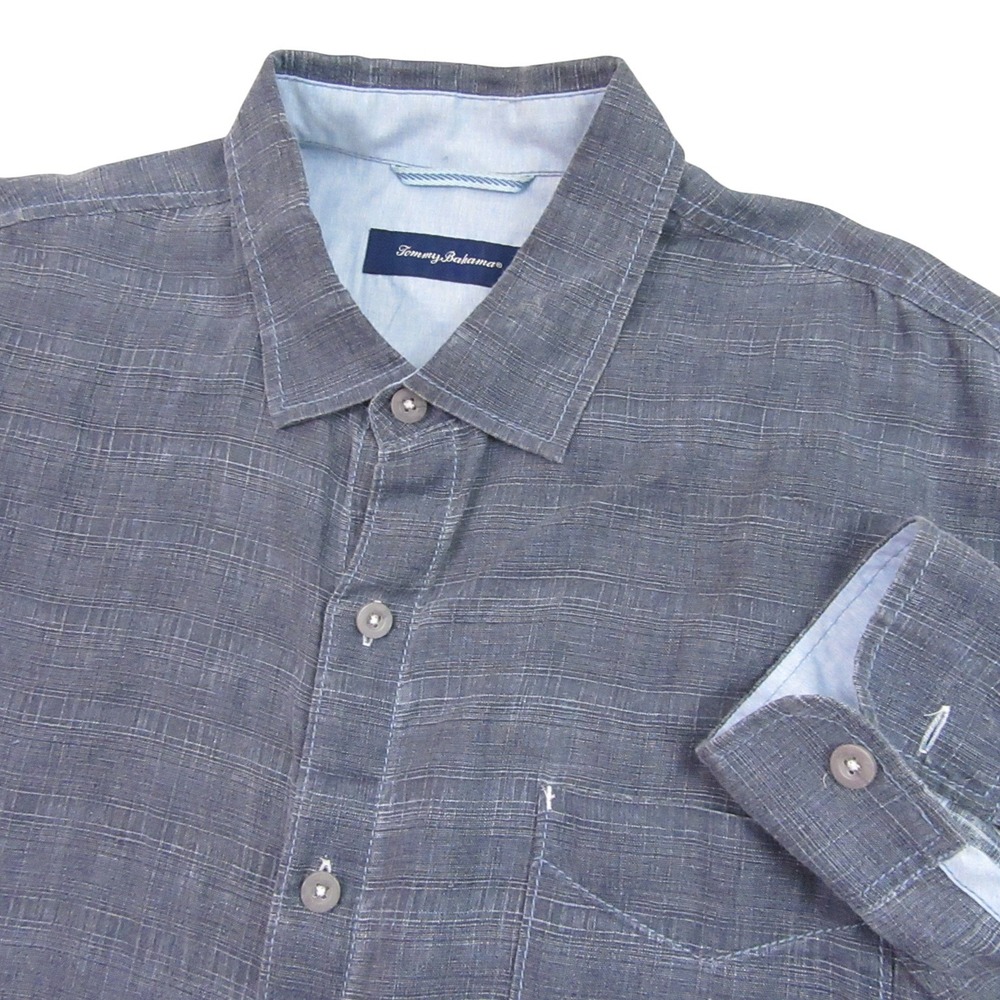 Tommy Bahama Mens XL Long Sleeve Linen Cotton Plaid Button Down‎ Shirt Gray